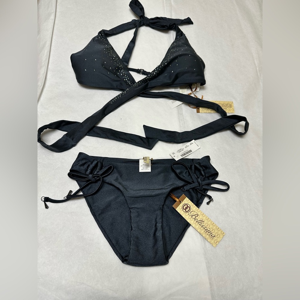 🦋NWT;Bellisima Swimwear Wrap Halter Black Pearl  Swarovski bikini 🩵